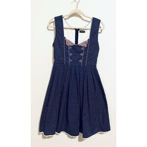 Glory Star Dress Womens Small Navy Blue Polka Dot Corset Pleated Retro Milkmaid